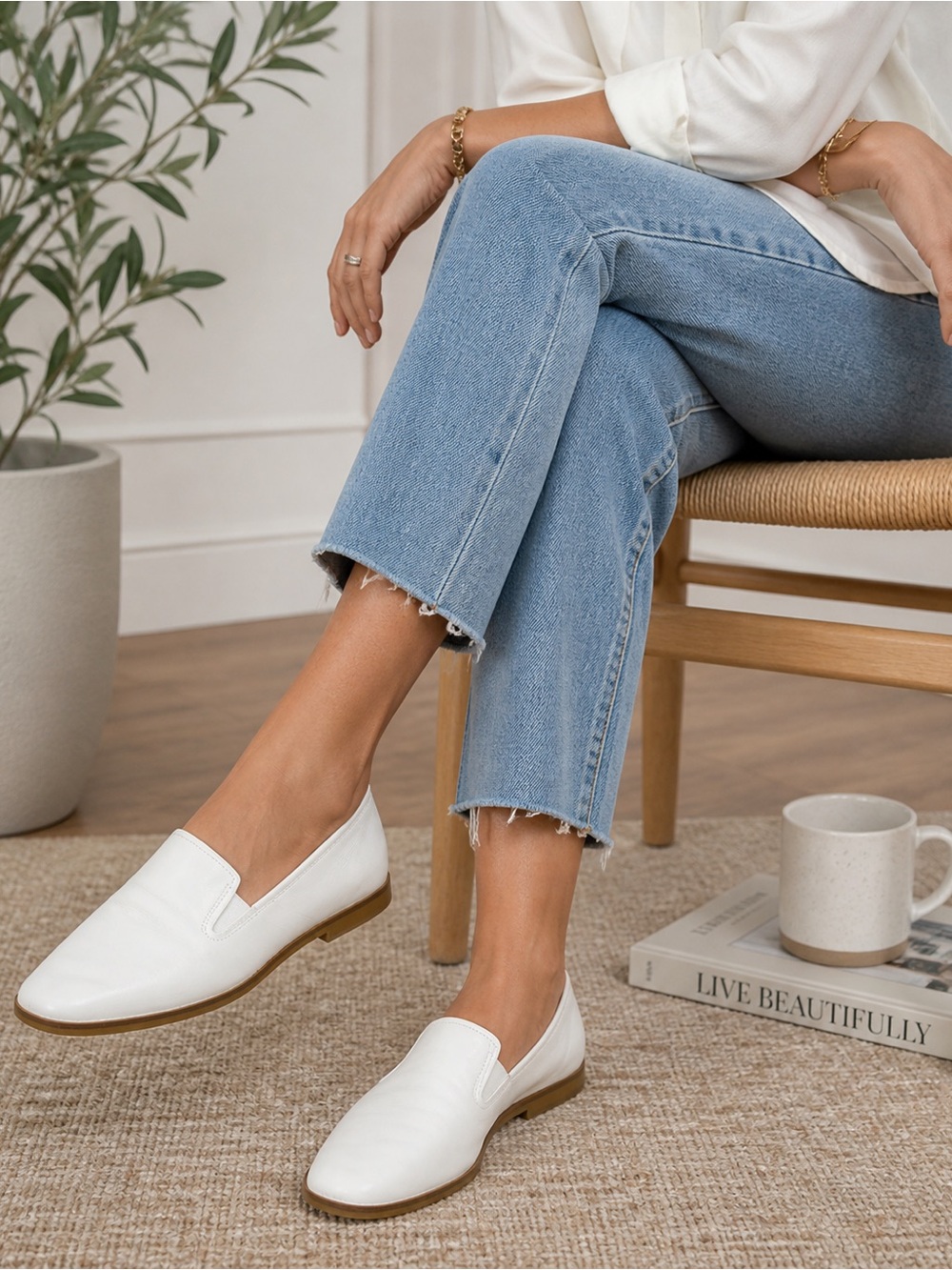 Franco Sarto White Leather Loafers Minimal Chic Slip On Flats Comfort